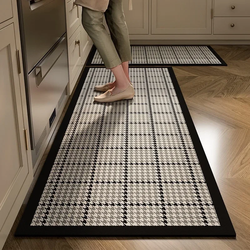 Tapis de Cuisine Absorbant l\'Eau, Polymères de Sol Non ALD, Absorption d\'Huile de Boue, Noir et Blanc, Pied-de-Poule, Décoration de la Maison