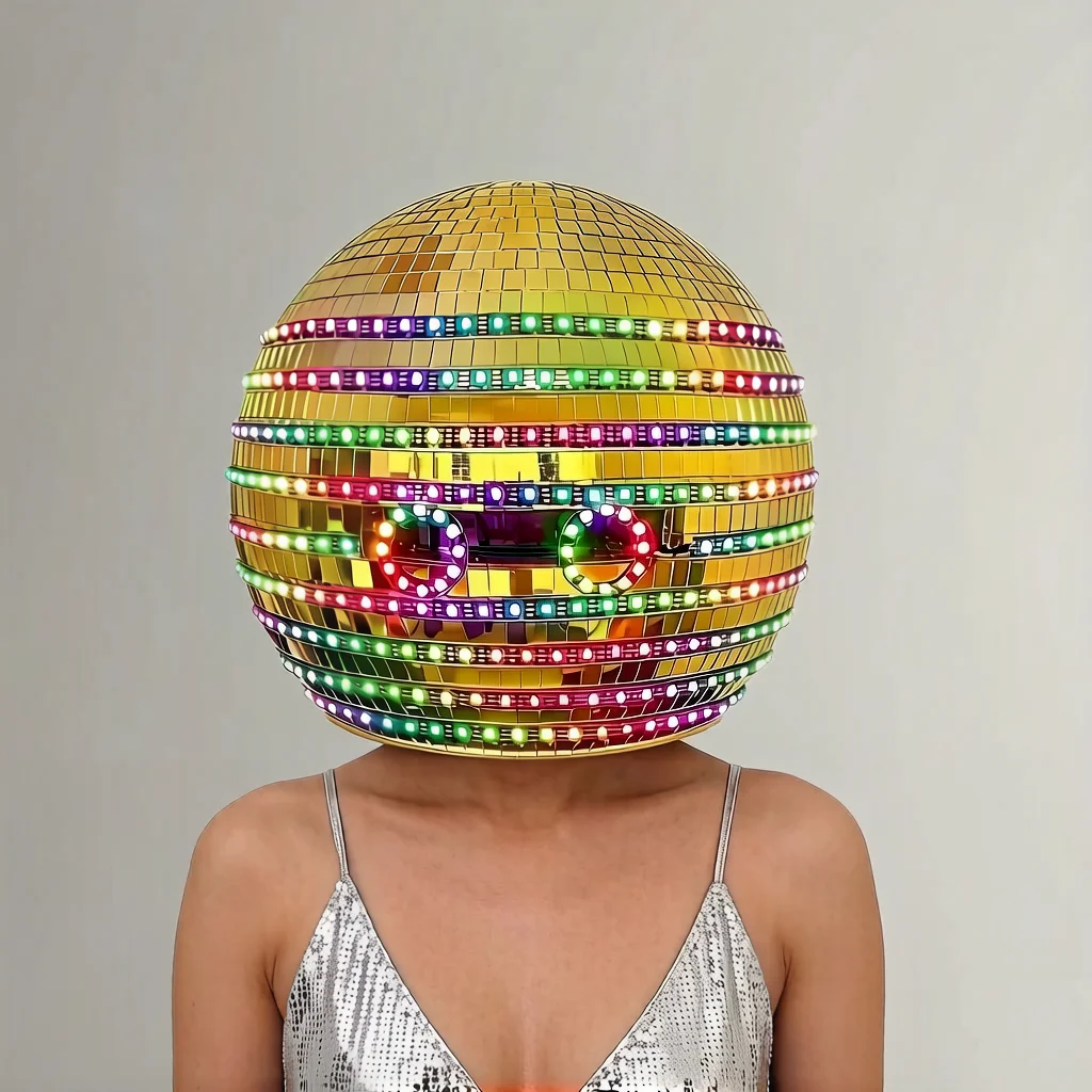 Golden LED Mirror Disco Ball Helmet – Sparkling Headwear for Parties, Weddings, Christmas, Clubs, KTV, DJ & Nightlife Events