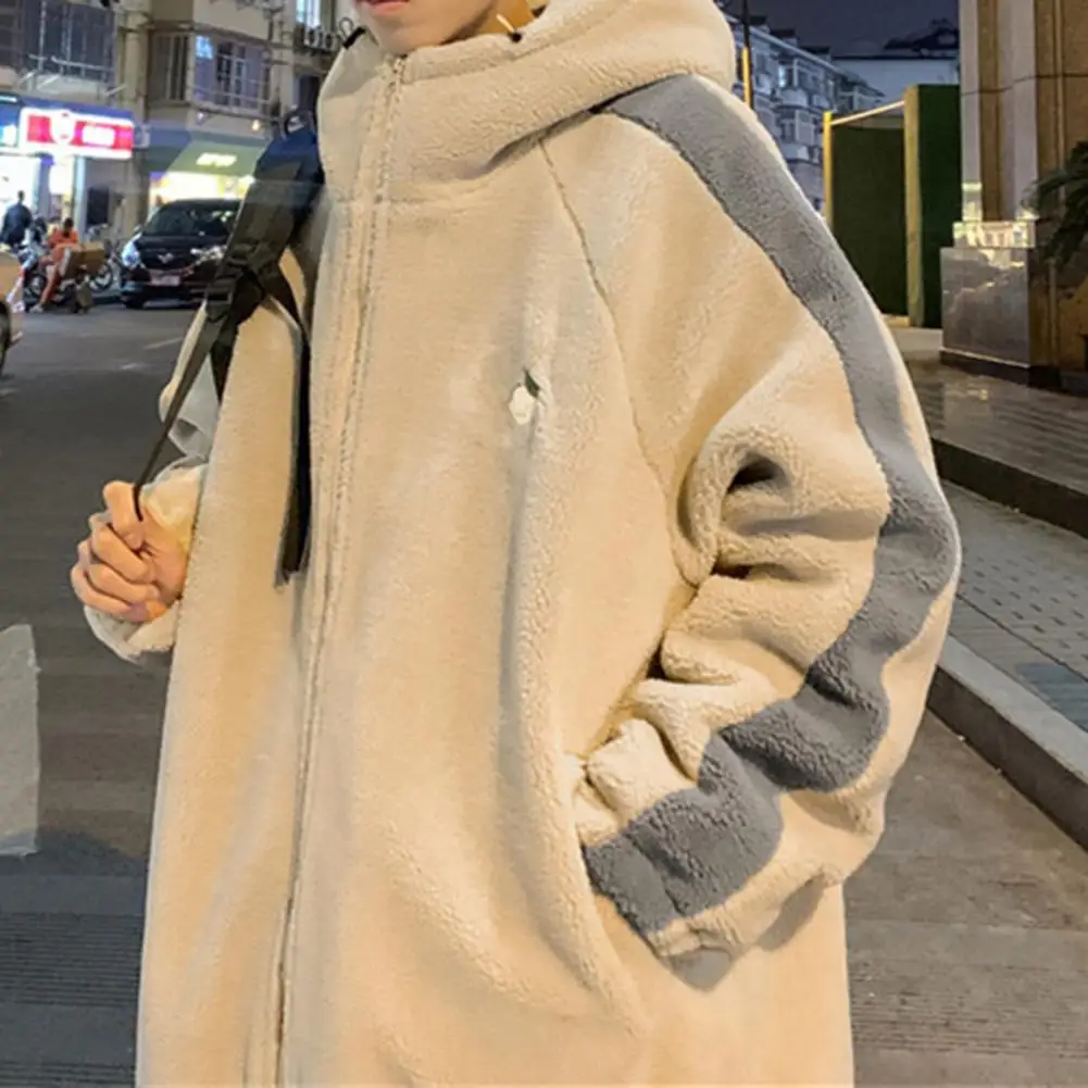 

Men Polyester Jacket Hooded Men Coat Winter Warm Men's Hooded Jacket with Faux Sherpa Drawstring Hem Contrast Color for Students