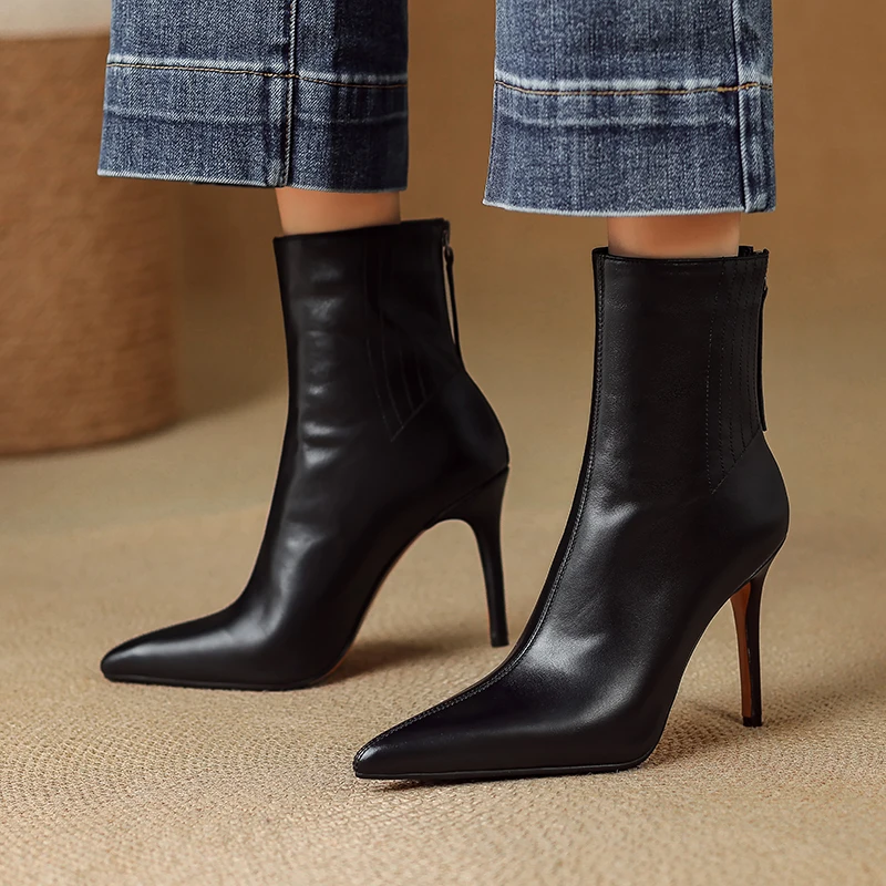 Women's Leather Stiletto Ankle Boots Elegant Pointed Toe Spring Autumn Plus Size Shoes Office Ladies Side Zipper Solid Booties