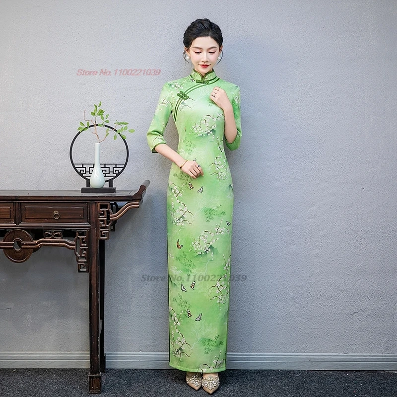 Vestido formal con estampado de flores nacionales, qipao chino mejorado, puesta en escena, cheongsam, banquete oriental, vestido qipao de noche, 2024