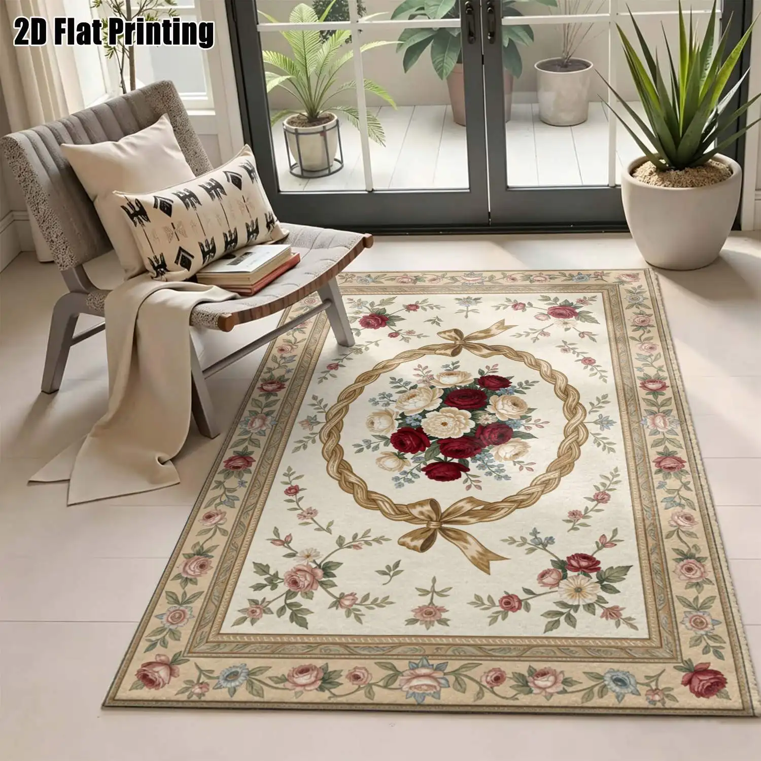 1Pc 2D Printed Carpet: Red-White Wreath Pattern, Vintage/European/Floral/Geometric, Machine Washable, Multi-Size, Suitable for Entrance, Dining Room, Foyer, Bedroom, Living Room Decoration