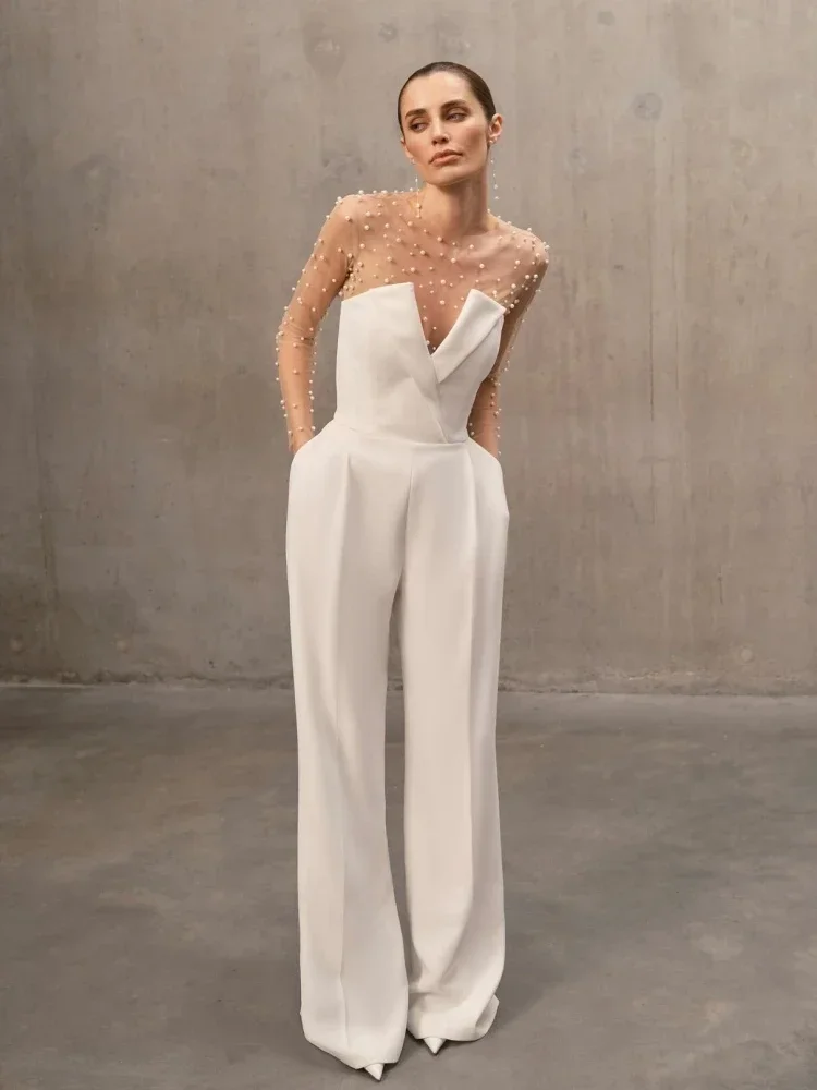 

Sexy Long Sleeves Mesh Pearl Beaded Bodysuits+Strapless Jumpsuit Two piece Sets Women White Jumpsuit Suits Evening Runway Sets