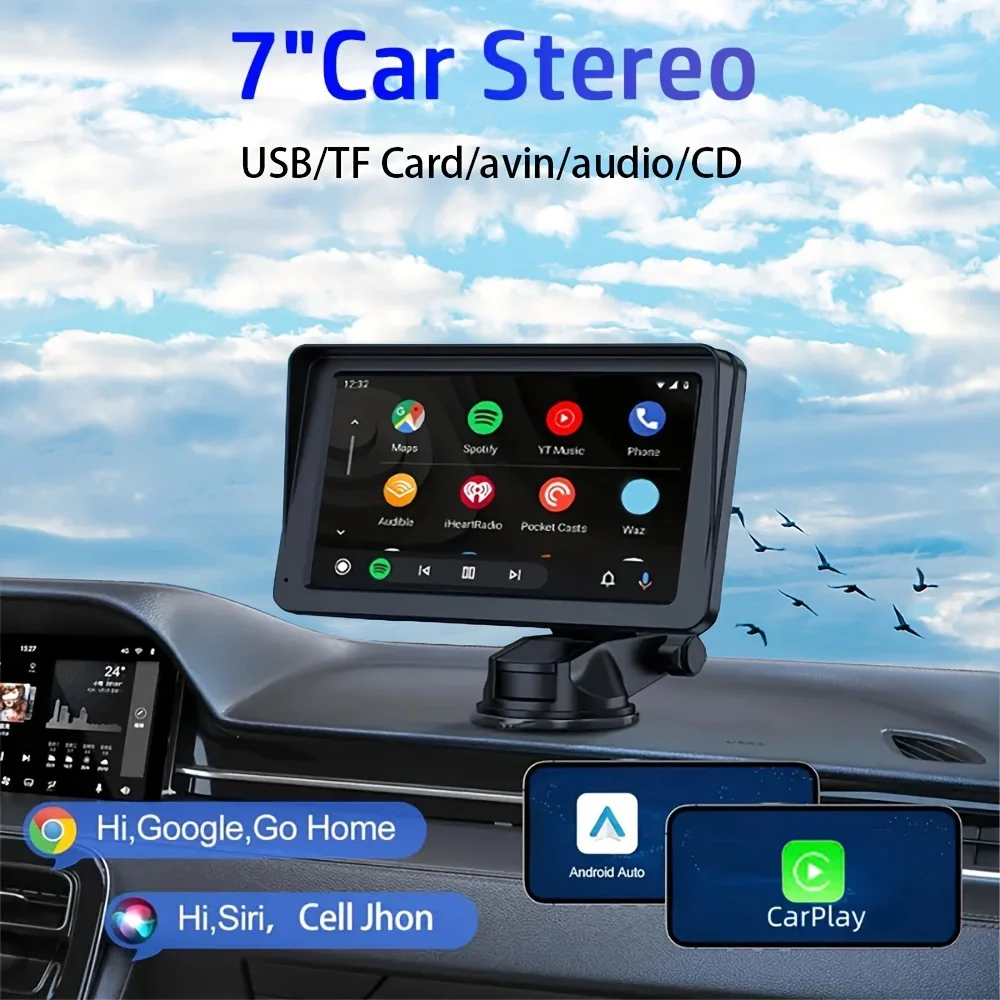 MTIJIEY 7''HD Screen Car Radio Wireless CarPlay Portable Car Screen Car Stereo With Android Auto GPS /Mirror Link/FM/AUX