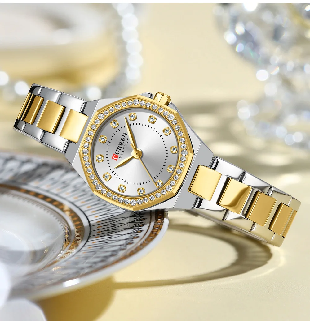 CURREN Modische Damenuhr mit zweifarbigem Edelstahlarmband, Strassbesetzter Lünette, Quarzwerk, Luxuriöses Elegantes Geschenk für Sie – Detail 14