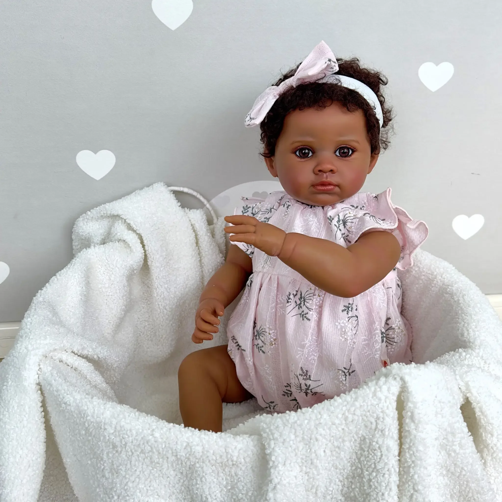 

24Inch African American Doll Black Skin Reborn Baby Finished Newborn With Rooted Hair Handmade Toy Gift For Girls