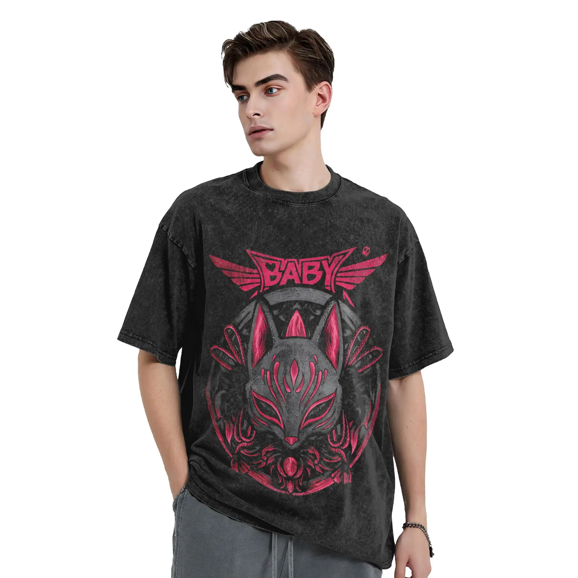 Babymetal تي شيرت الرجال تسعة الذيل الثعلب قناع خمر القطن تيز جولة الرقبة قصيرة الأكمام تي شيرت هدية فكرة الملابس