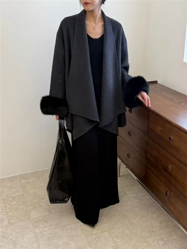 New Turn-Down Collar Bathrobe Style Double Sided Wool Alpaca Winter Jacket Coat Women Short Real Fur Sleeve Korean Loose