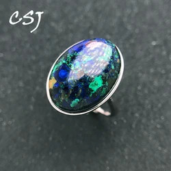 Trendy Natural  Azurite Rings Sterling 925 Silver Malachite Gemstone Oval 13*18mm for Women Birthday Party Jewelry Gift
