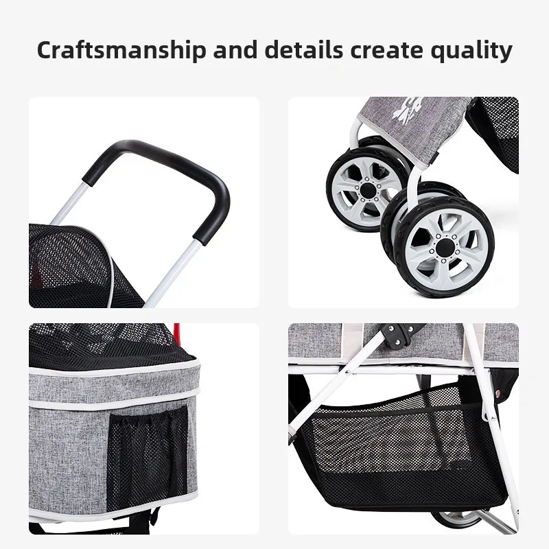 عربة أطفال خفيفة الوزن قابلة للطي ذات 4 عجلات، حقيبة كبيرة الحجم للاستخدام الخارجي والسفر مع الكلاب والقطط الصغيرة والمتوسطة الحجم