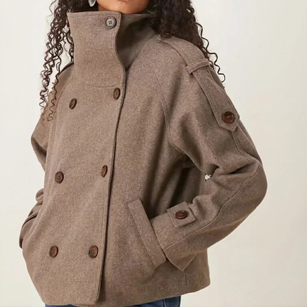 

Высококачественное женское шерстяное пальто, осенне-зимняя двухрядная куртка с воротником-стойкой на пуговицах и карманами, модная и элегантная