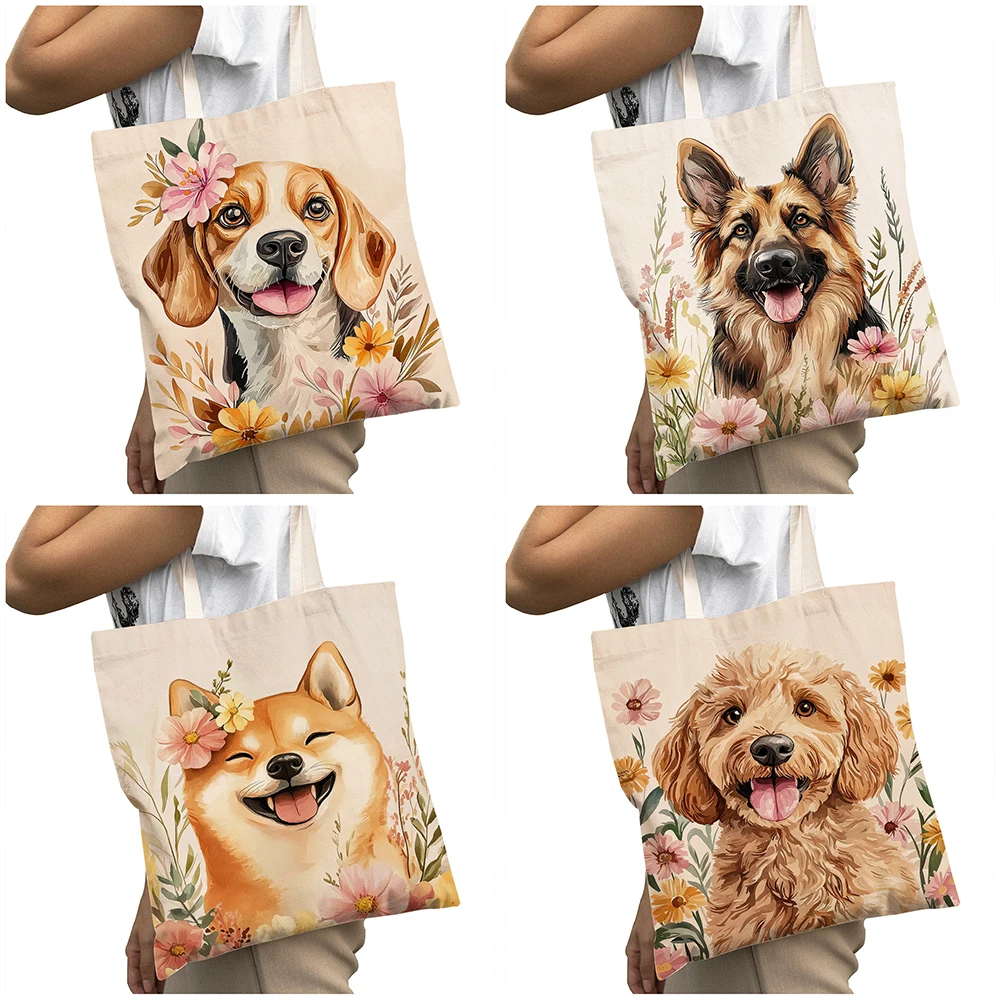 Women Shopper Bag Corgi Golden Retriever Pug Pet Girl Handbag Large Capacity Cute Dog Lady Shopping Bags Children Shoulder Tote