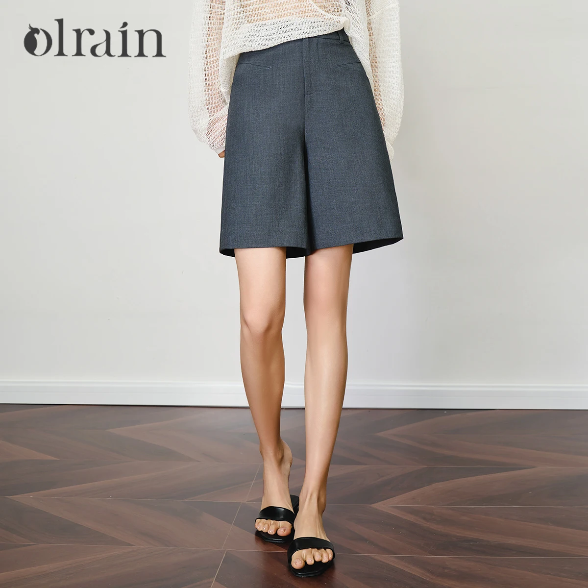 OLrain Grey Straight Shorts for Women 2026 Summer New Minimalist Office Short Pants Unique Pockets Ladies Trousers O57XK99322