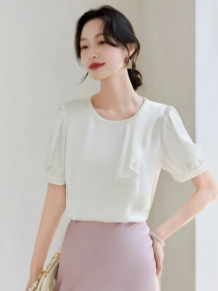 

SENTUBILA Elegant Women's Beige Blouses 2025 Summer Commute O-neck Embroidered Flares Puff Sleeve Tops Chiffon Shirts Q52VA0188