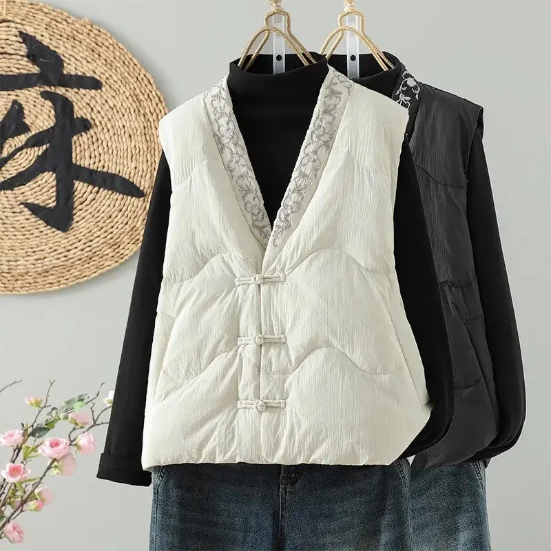 

Хлопковый жилет с v-образным вырезом и вышивкой в китайском стиле, женский зимний топ на пуговицах в стиле ретро, осенне-зимний короткий топ без рукавов JJ896