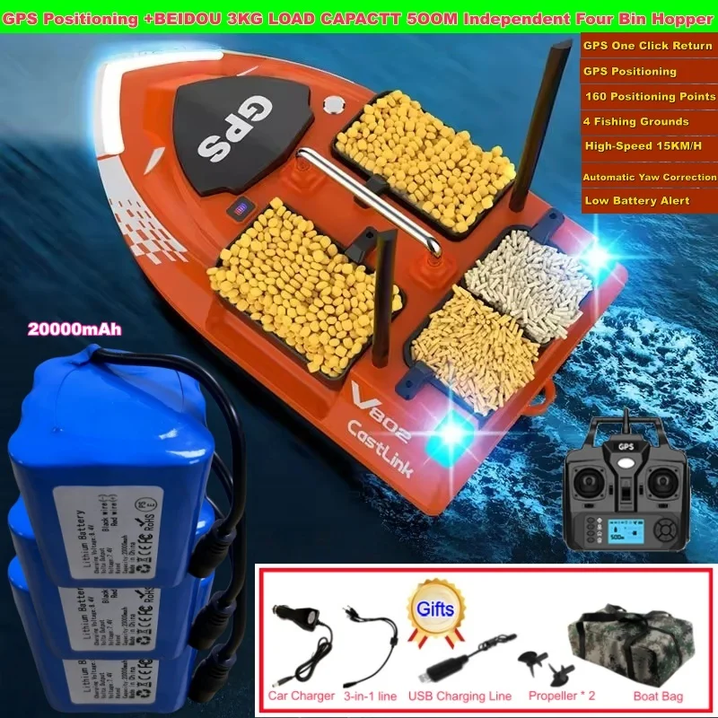 GPS Positioning 160 Positioning Points Fishing Boat Rc Bait Boat 4 Hoppers Waterproof 3KG Load 500M 15KM/H GPS One Click Return