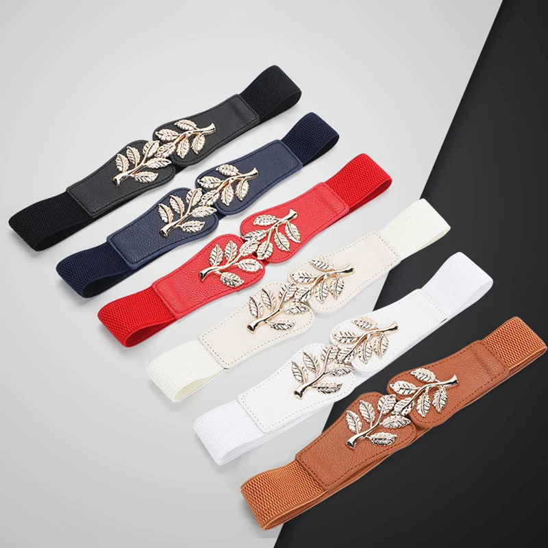 1Pc Women's Elastic Slimming Belt Retro Metal Leaf Fashion Decorative for Ladies Dress Shirt Windbreaker Leather Waist Sealing