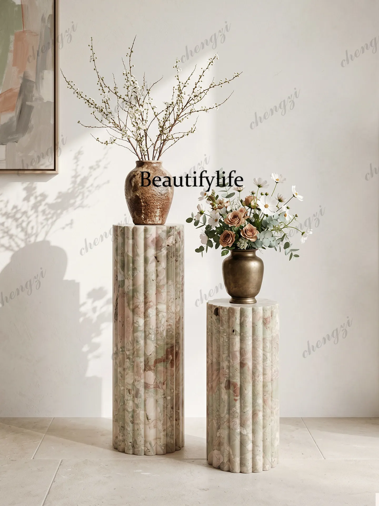 French medieval natural marble sofa side columns, villa living room Rome, stone columns