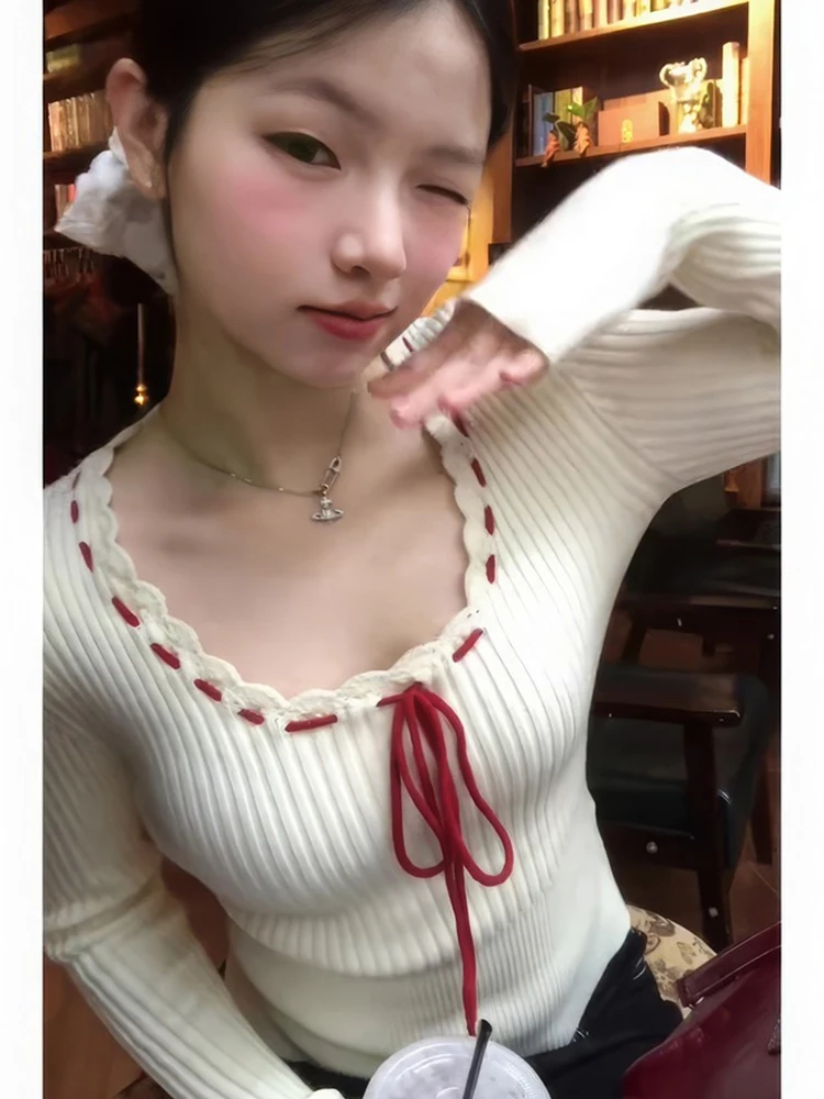 

Korean Sle Knot Belted Square Collar Knitted Sweater Women's Autumn Winter New Unique Inner Wear Base irt Top