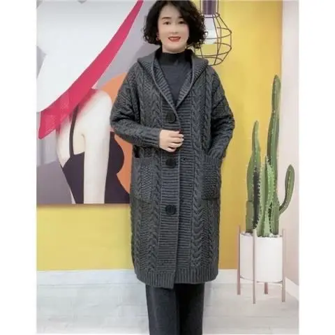 2023 Spring and Autumn New Heavy Jacquard Twist Sweater Cardigan Mid-Length Large Pocket Hooded Knitted Jacket