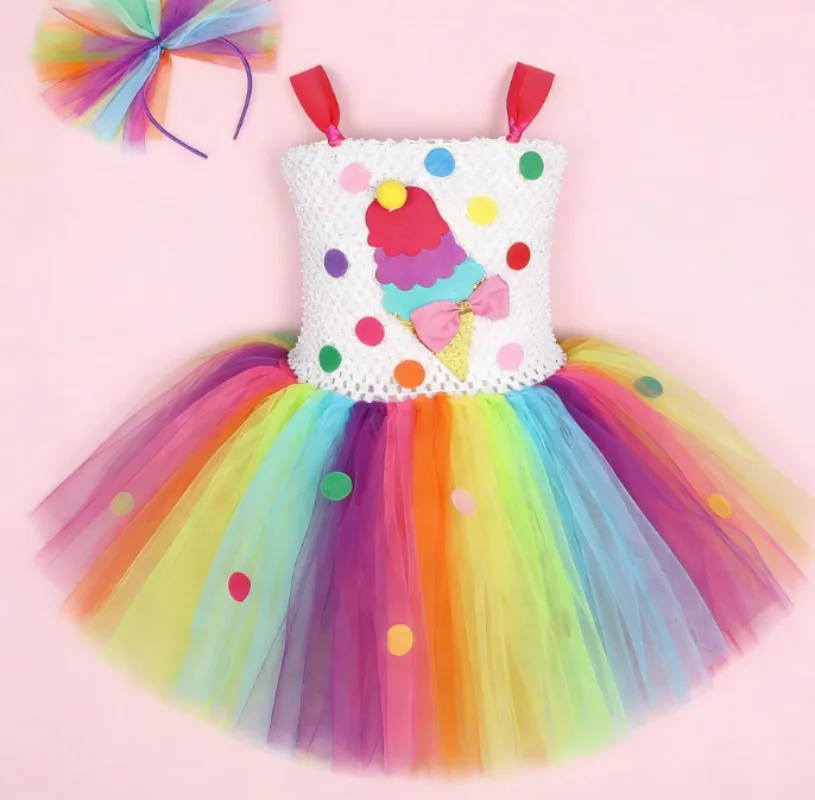 

Toddler Girls Rainbow Ice Cream Tutu Dress Candy Color Tulle Puff Gown Holiday Party Outfit