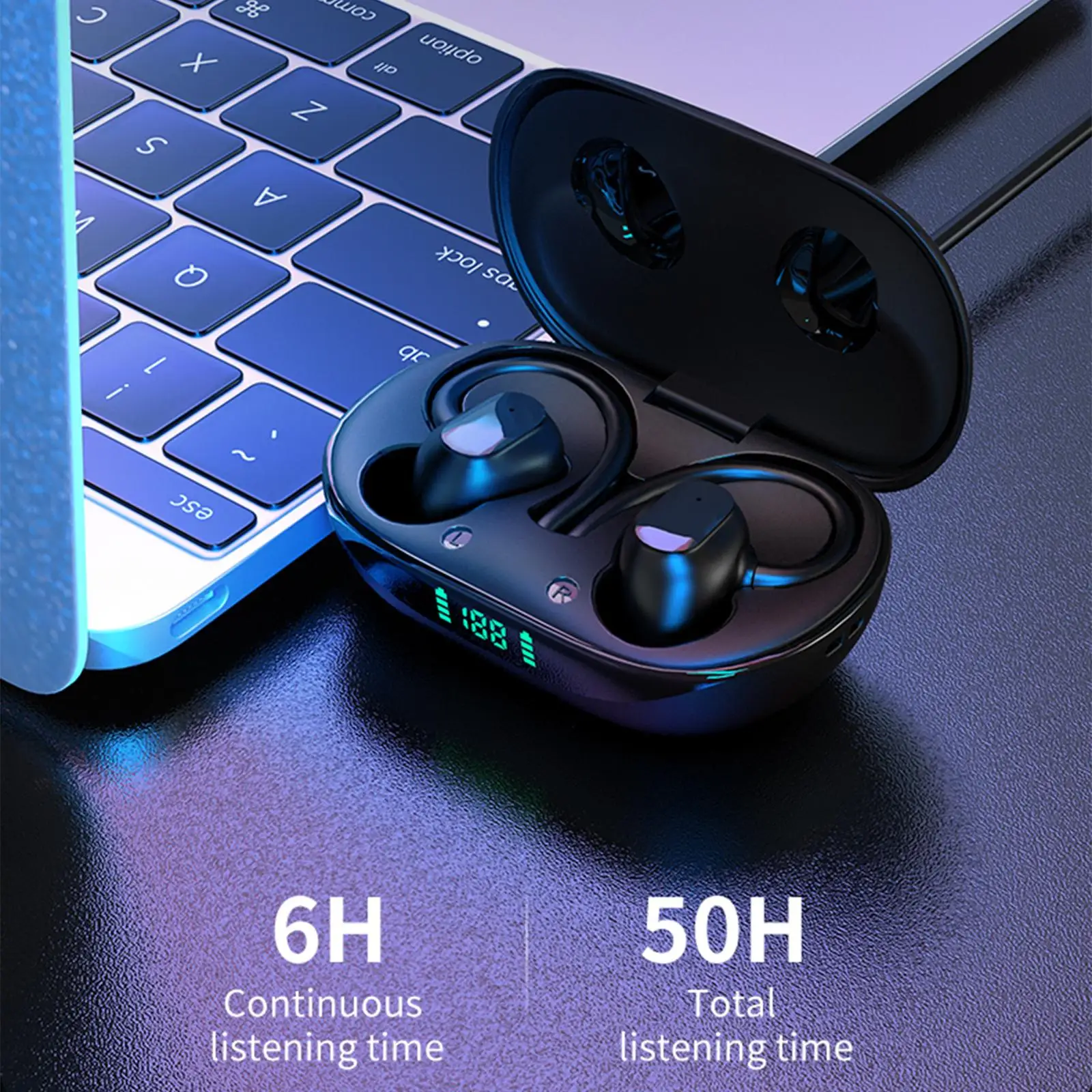 Wasserdichte kabellose Kopfhörer mit Ohrbügeln, Digitalanzeige, Musik