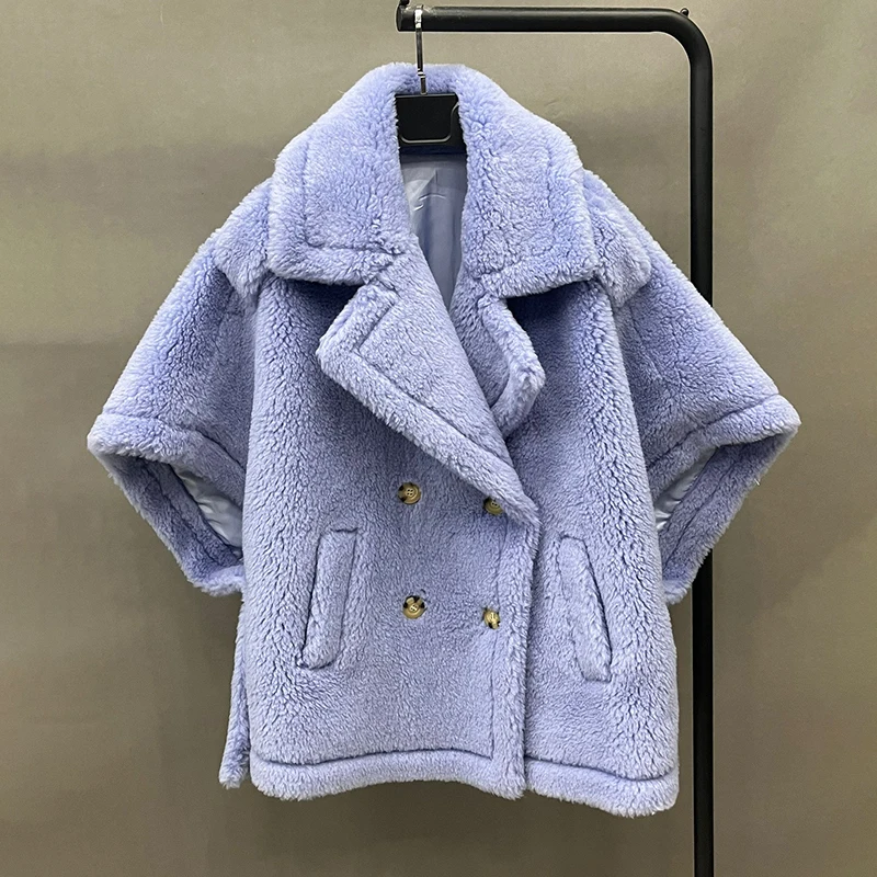 2024 New Design Real Wool Teddy Short Coat Fashion Jackets Winter Natural Fur Short Sleeve Poncho