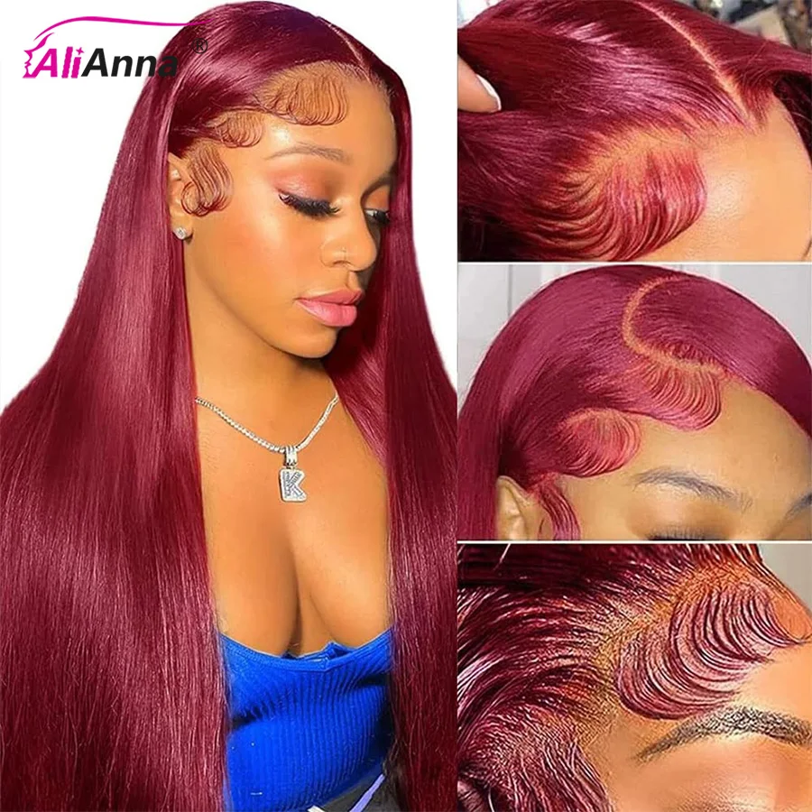 

99J Burgundy 13x6 HD Lace Frontal Human Hair Wig 30 Inch Straight HD Transparent Lace front Human Hair Wig Preplucked Brazilian