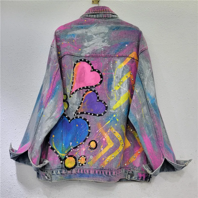 Women Hand-painted Graffiti Denim Jacket Loose Rainbow Tie Dye Jeans Coat Back Diamonds Beaded Heart Shaped Cowboy Cardigan Tops