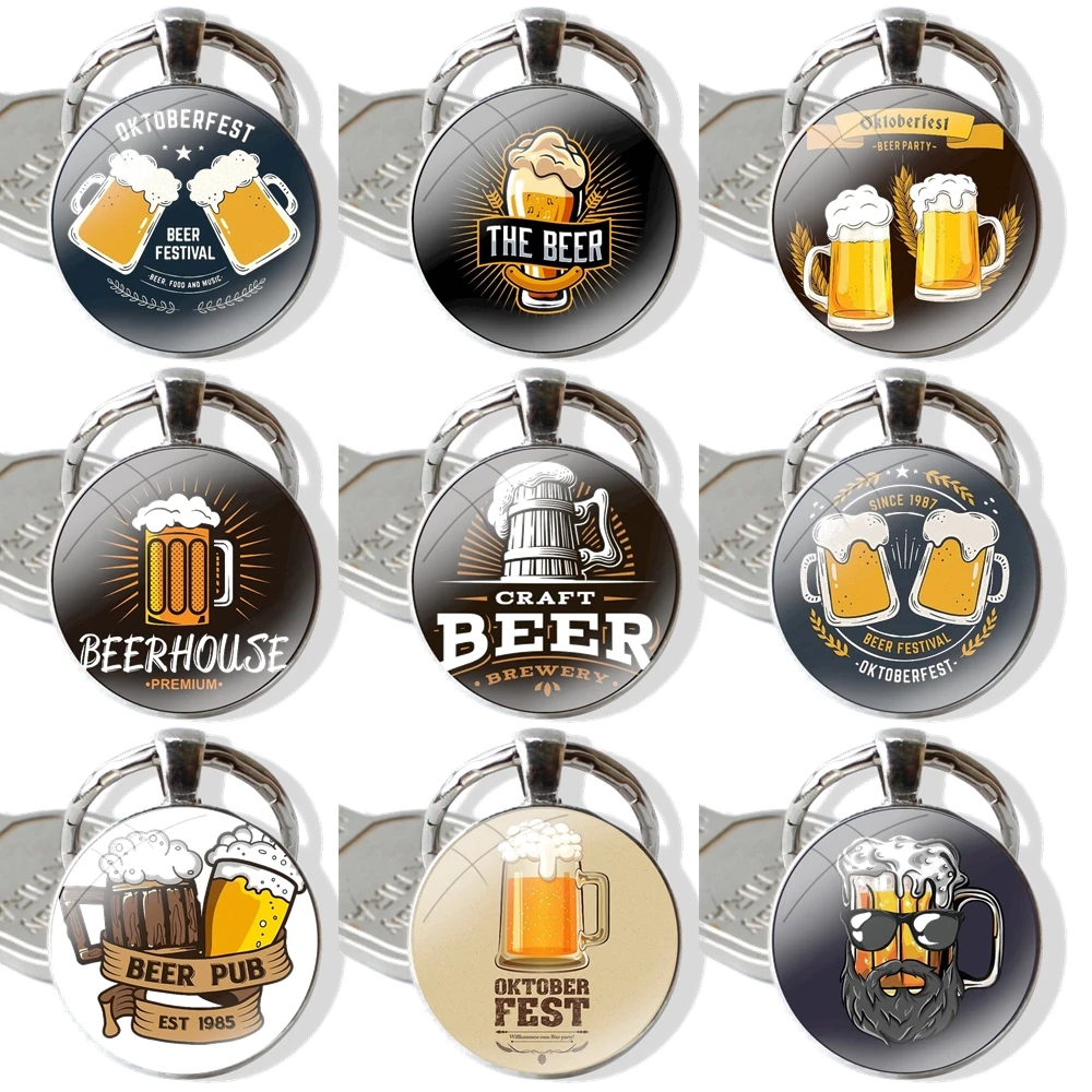 Keychain Handmade Glass Cabochon Key Ring Holder Pendant Key Chains for man beer mug with foam