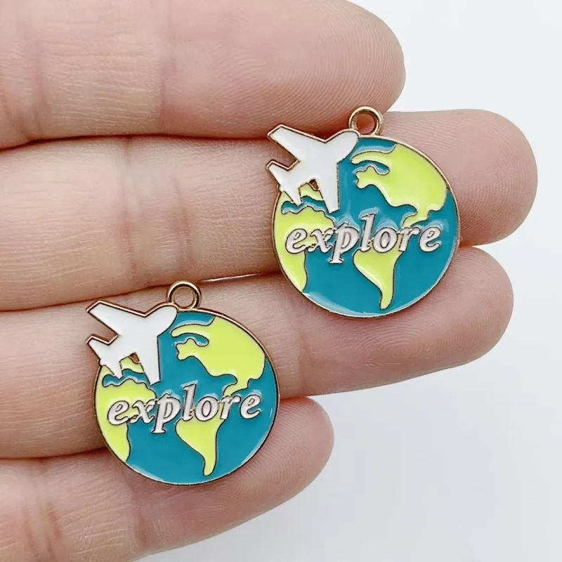 10pcs enamel alloy pendants, hot air balloons airplane suitcases earth ornaments DIY bracelets making accessories