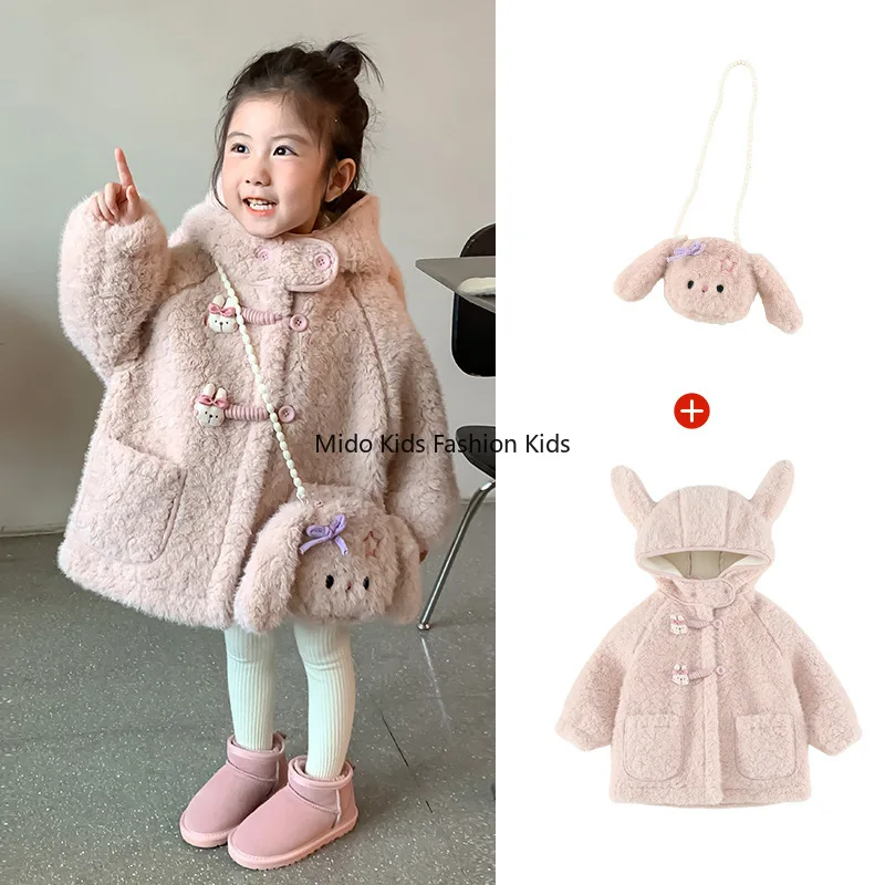 Girls' Winter Coat  Style Fashionable Baby Girl Wool Sweater Children's Shearling Fleece Autumn-Winter Top with Free Handbag