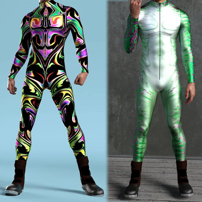 

Men Women Punk Muscle Jumpsuit 3D Colored Drawing Cosplay Bodysuit Steampunk Costume Halloween Party Shows Zentai Suits