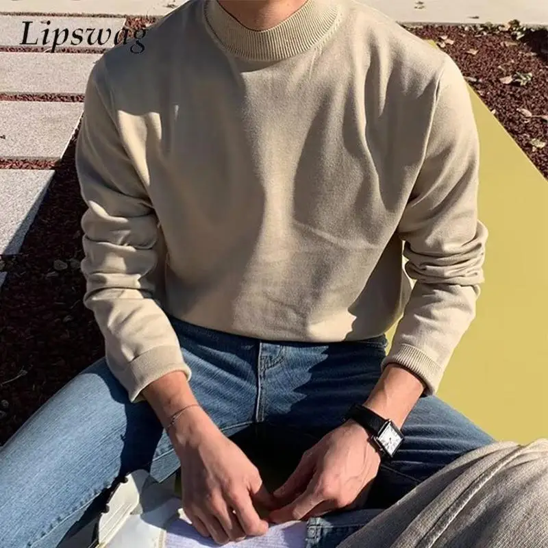 

2025 Fall Outdoor Casual Men's Knit Sweaters Fashion Mock Neck Long Sleeve Slim Sweater For Men Daily Leisure Solid Color Jumper