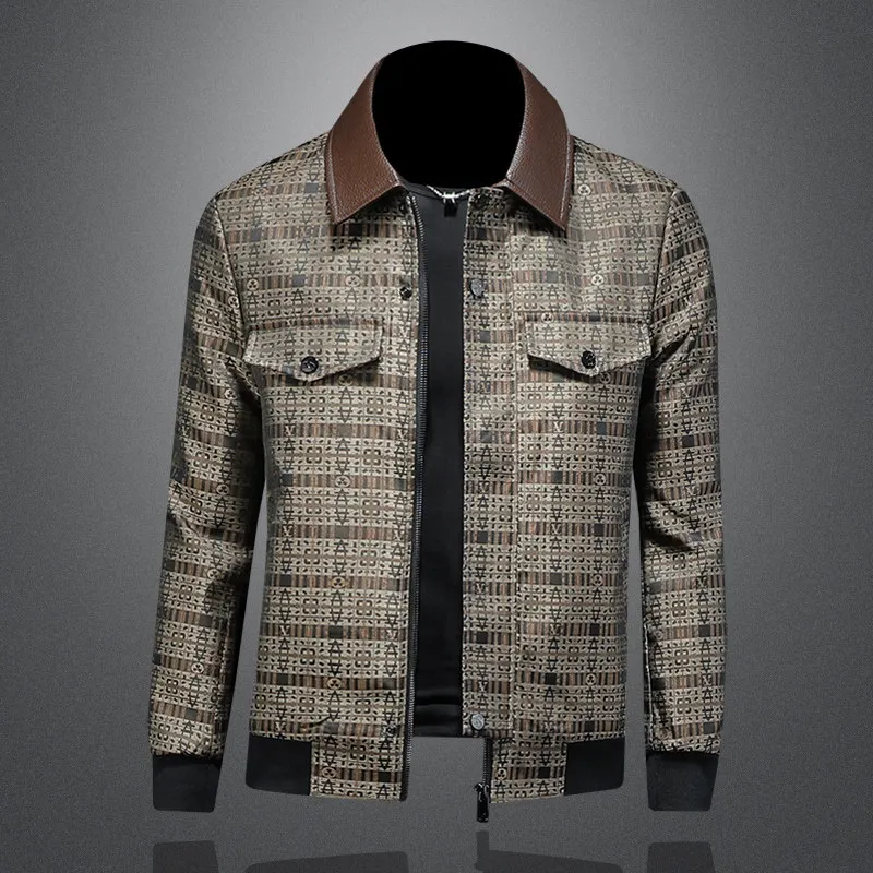 

2026 Spring Autumn Plaid Jackets Men High Quality Lapel Casual Jacket PU Leather Splicing Business Social Jackets Men Clothing