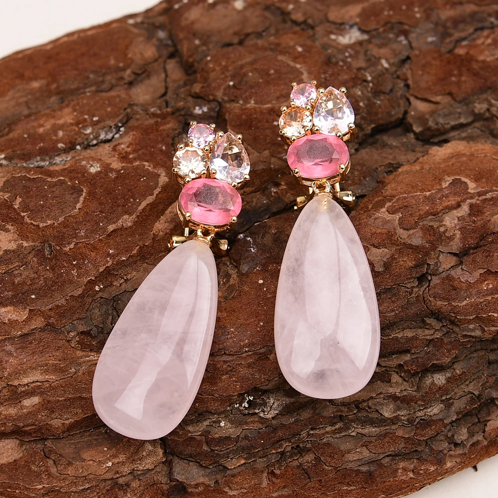 G-G Natural Tender Pink Rose Quartz Gems Mix Crystal Stud Earrings Gold Plated Luxury Classic Teardrop Wedding Jewelry Gifts