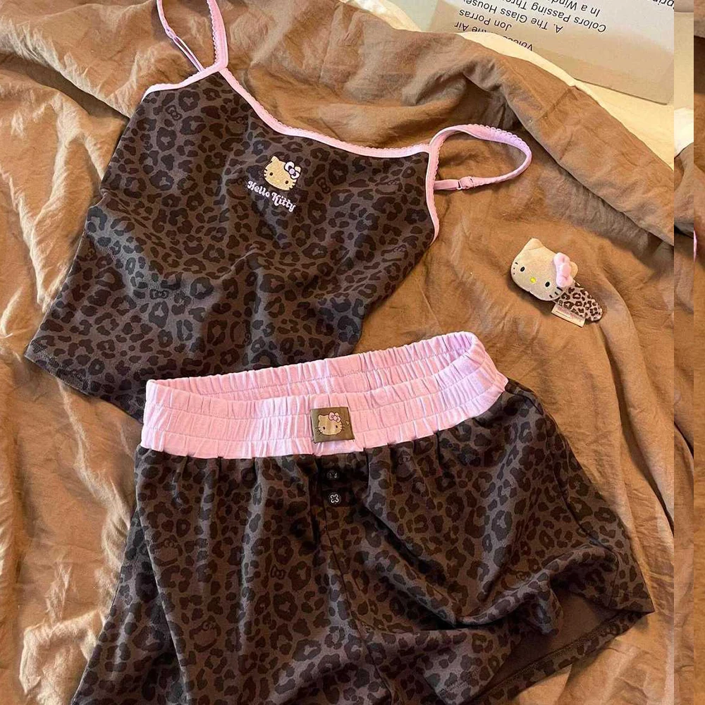 Ensemble pyjama Hello Kitty pour femme, imprimé léopard, caraco et short, été, mignon, doux, confortable, respirant, vêtements de détente à la maison 2025