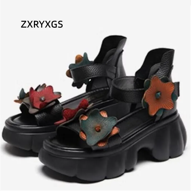 ZXRYXGS Head Layer Cowhide Classic Flowers Sandals Fashionable Shoes 2024 Summer Comfort Thick Soled High Heels Women\'s Sandals