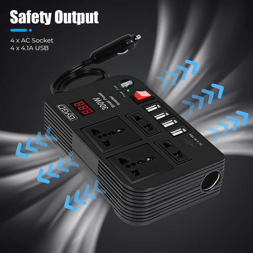 Car Inverter 4 USB Ports 4 AC Sockets DC 12V to AC 220V Converter 300W ON/OFF Switch Power Adapter Overload Protection