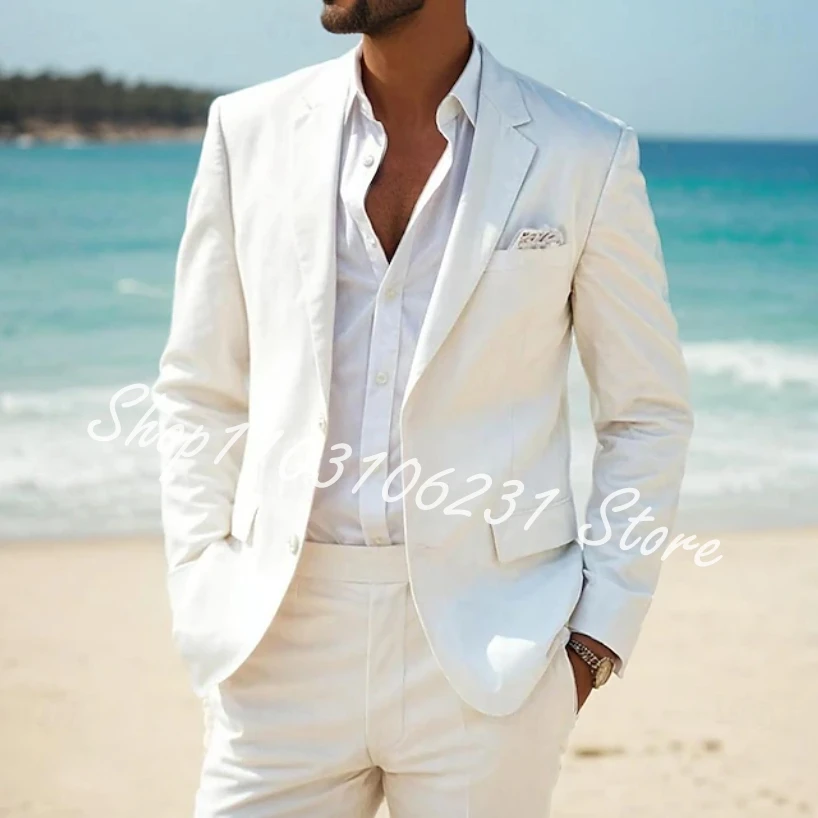 

Men's Beach Wedding Party Suits White Casual Slim Fit Suits 2 Piece Single Breasted Groom Tuxedos Blazer Pants Trajes De Hombre