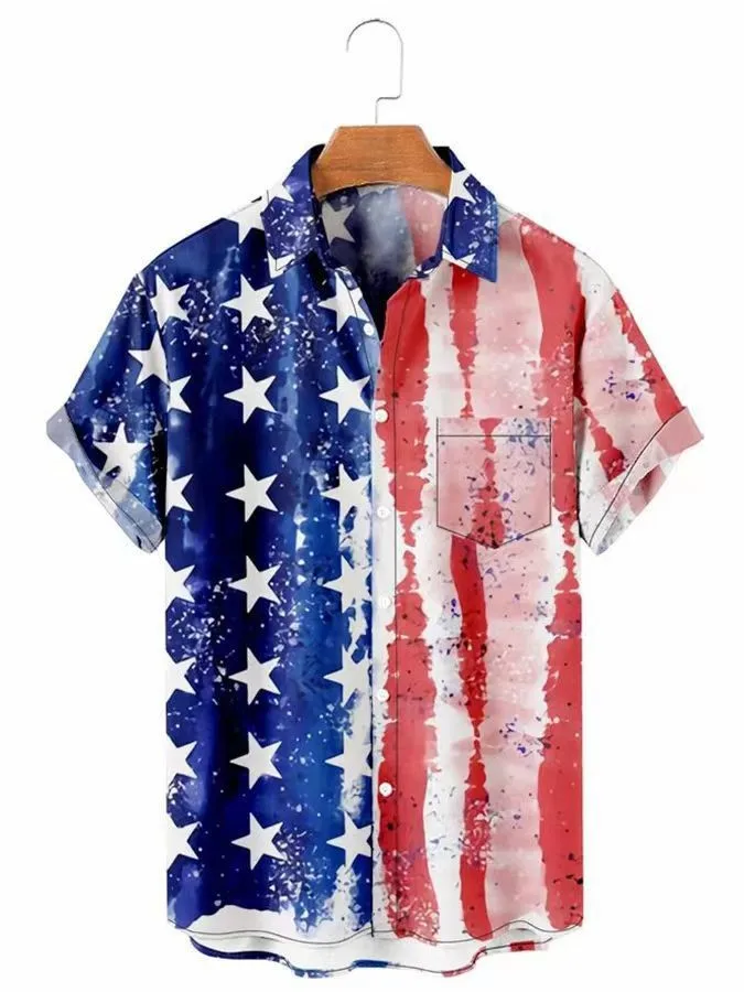 

Men's Simple Retro Dark American Star and Stripe 3D Printed Shirt Short-sleeved Lapel Silky Men's Shirt Hawaiian Beach Vacation