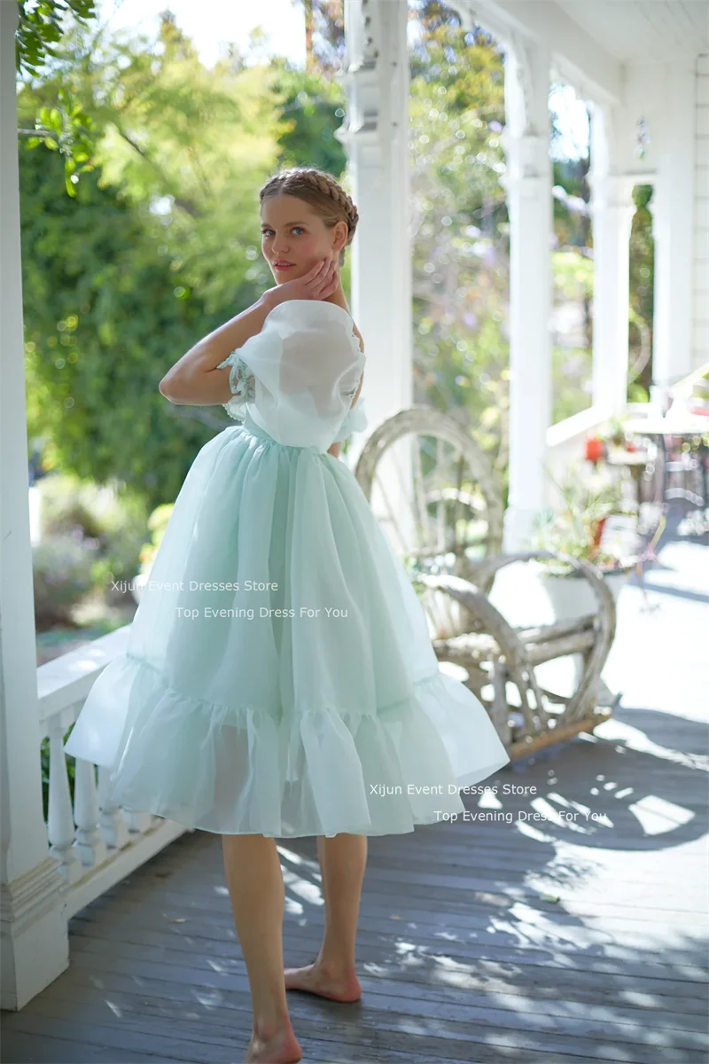 Selkie Blue Short Organza Prom Dresses Formal Occasion A-Line Evening Gowns Puff Sleeves Prom Gowns Pregant Party Dresses Women