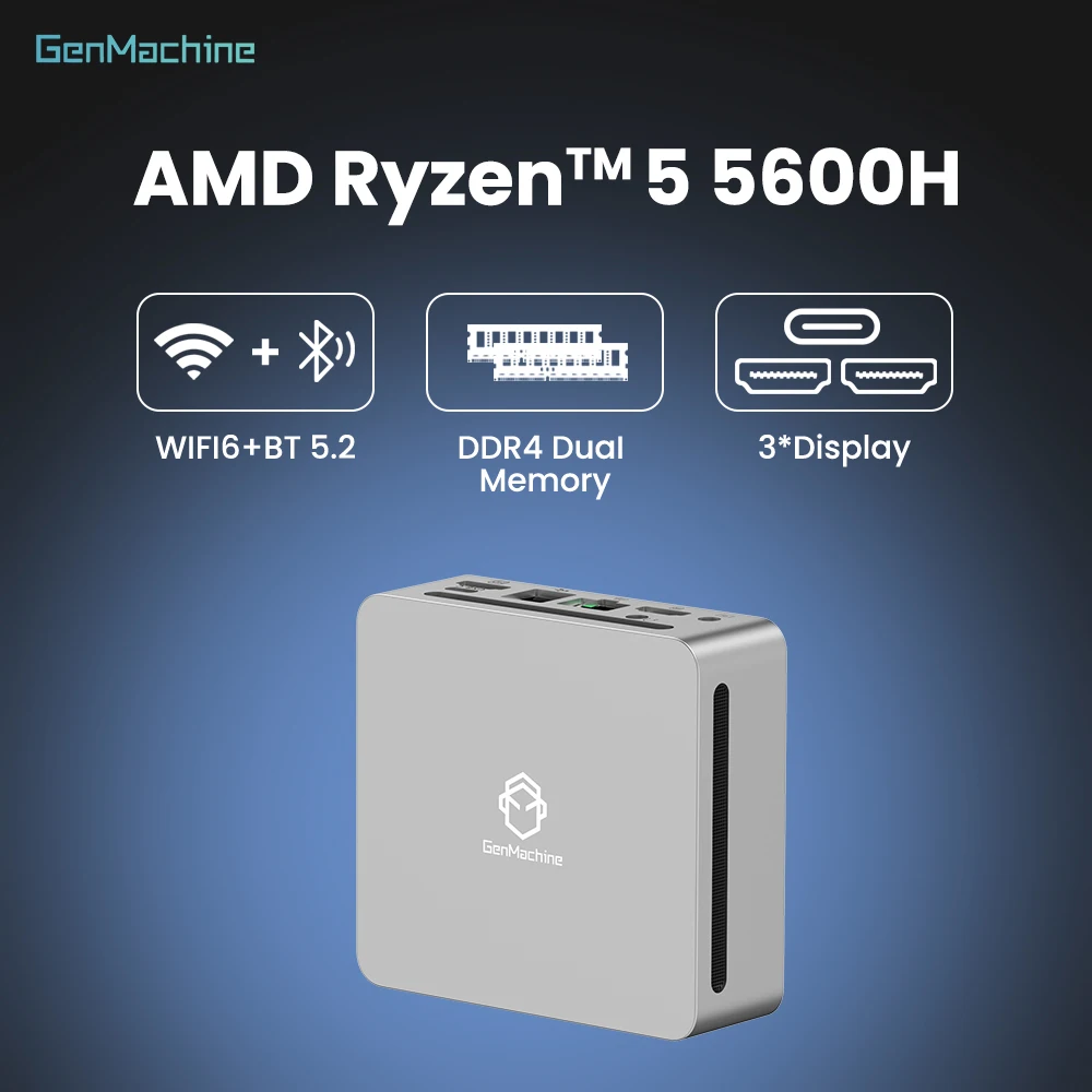 Мини-ПК Genmachine AMD Ryzen 5 5600H — 6C/12T Smooth Multitask, TDP 45 Вт, 4K при 60 Гц, WiFi6, ультратонкий для творческих задач и повседневного использования