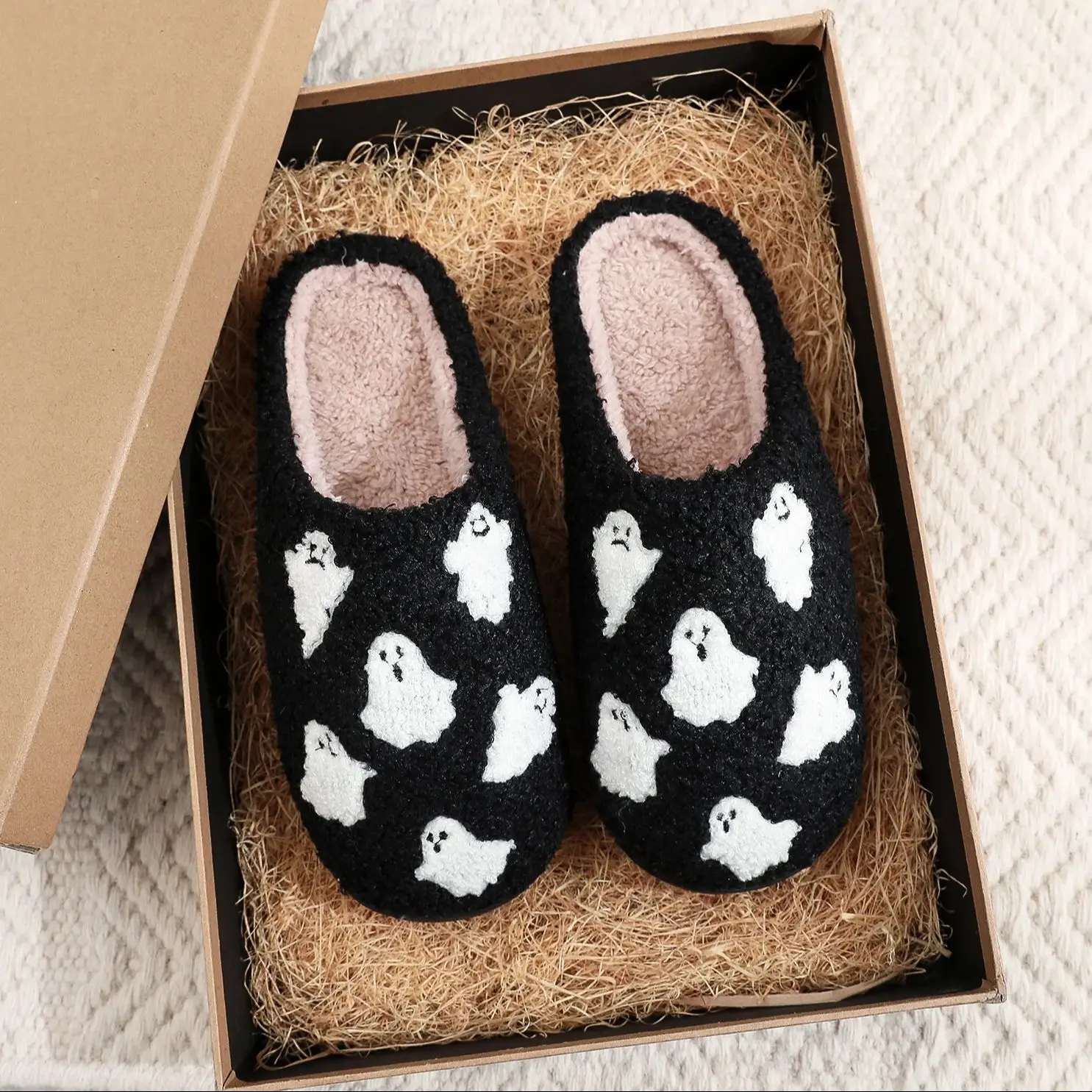 Halloween Ghost Pattern Black Cotton Slippers Non-slip Thick Sole Lightweight stuffed Slippers Holiday Gift