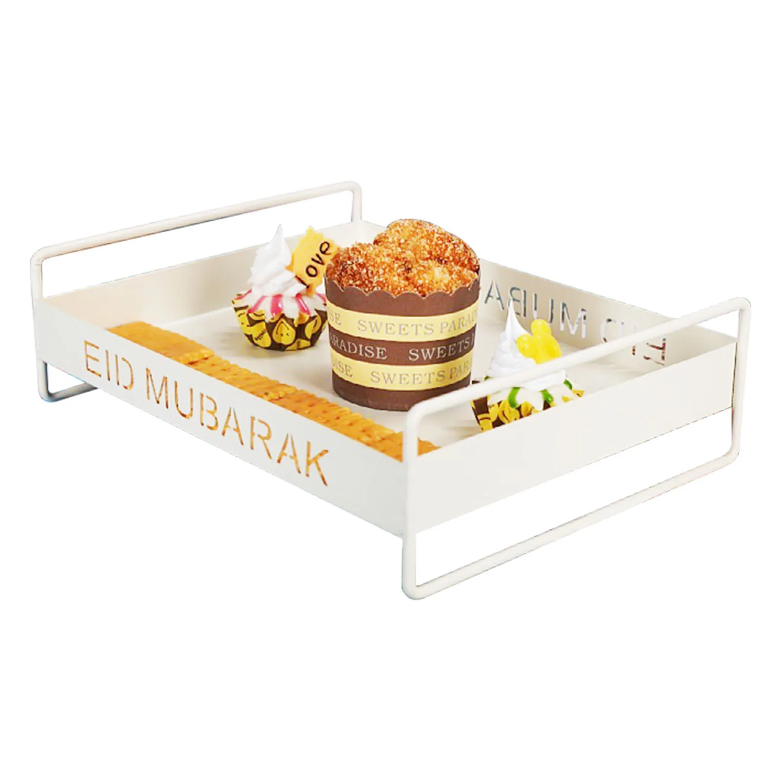 

White Serving Tray Vintage Style Dual Handle Exquisite Widely Used Metal Serving Trays For EID MUBARAK Party Cafe Bar