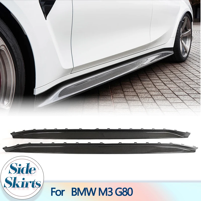 Car Side Skirts Extensions For BMW G80 M3 Sedan 4-Door 2021 2022 Dry Carbon Fiber Replacement Racing Side Aprons Lip Body Kits