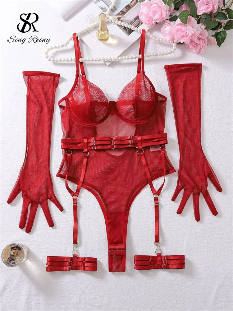 

SINGREINY Hollow Out Sheer Mesh Bodysuit with Gloves American Solid Garter Sexy Lingerie Women Open Crotch Erotic Playsuit