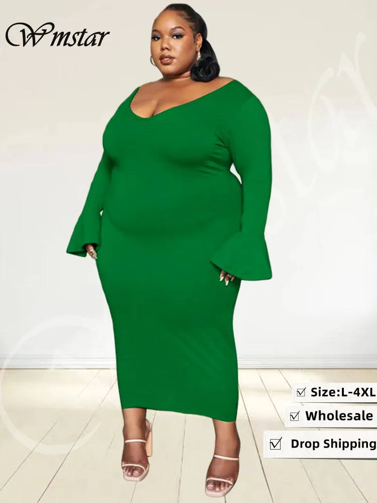 Wmstar Plus Size Dresses Women Fall Clothes Ribbing Bodycon Solid V Neck Flared Sleeve Elegant Maxi Dress Wholesale Dropshipping