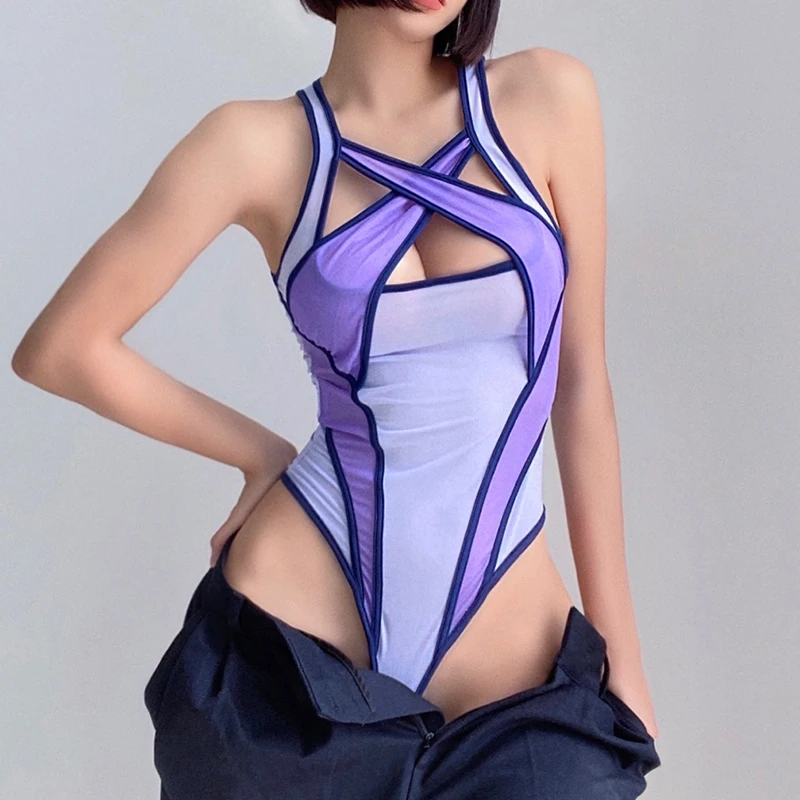 Toucheart 2-Piece Interesting Underwear Sexy Women's Mesh See-through Contrast Color Halterneck Jumpsuit Sexy Underwear Suit New image 2