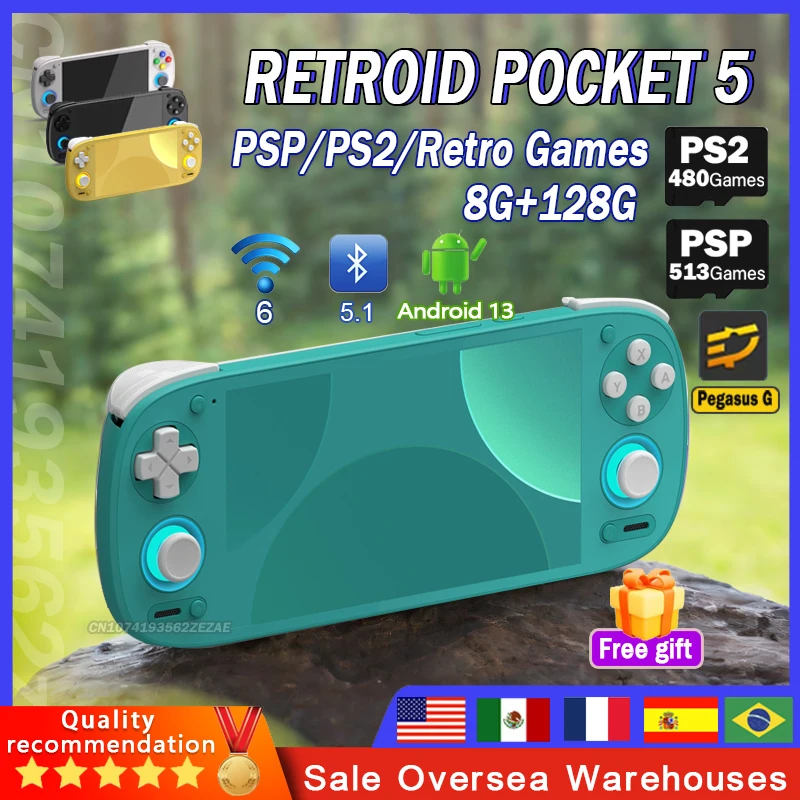 

Retroid Pocket 5 RP5 Handheld Game Console 5.5 Inch 1080P OLED Touch Screen 8+128G Android13 WIFI6 BT5.1 PSP PS2games Gift